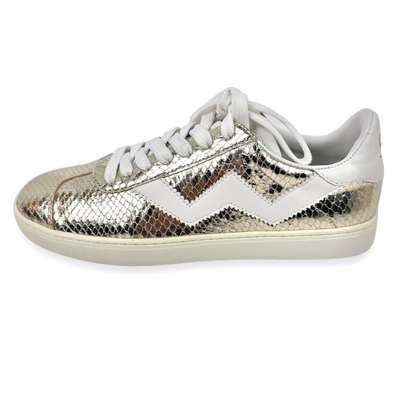 Stuart Weitzman Daryl Metallic Snake Embossed Leather Sneaker Gold Size 7.5B - Picture 2 of 14